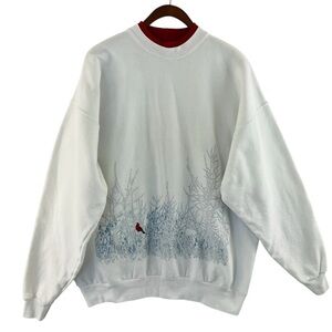 Y2K Vintage White Red Cardinal Bird Snowy Winter Scene Crewneck Sweatshirt XL